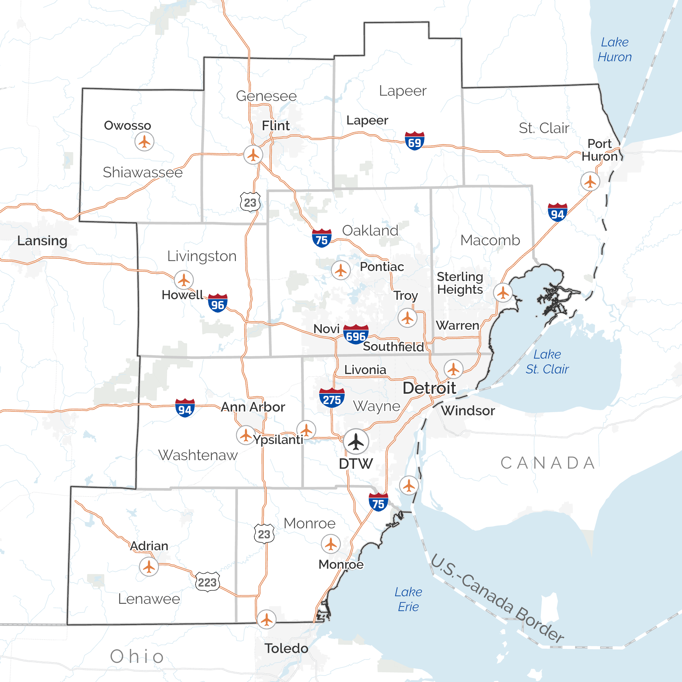 Map of the 11-County Detroit Region with Counties and Cities labeled