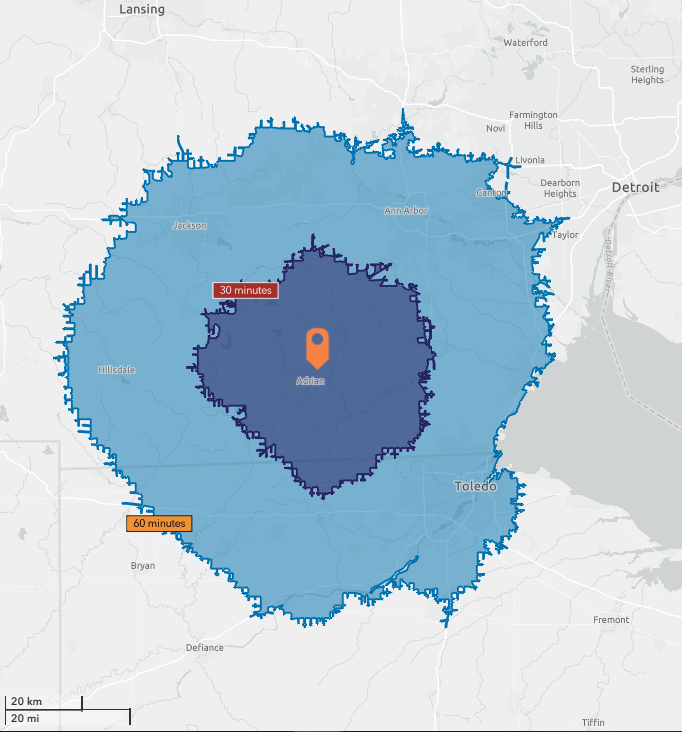 Adrian Industrial Park Tecumseh drive time map